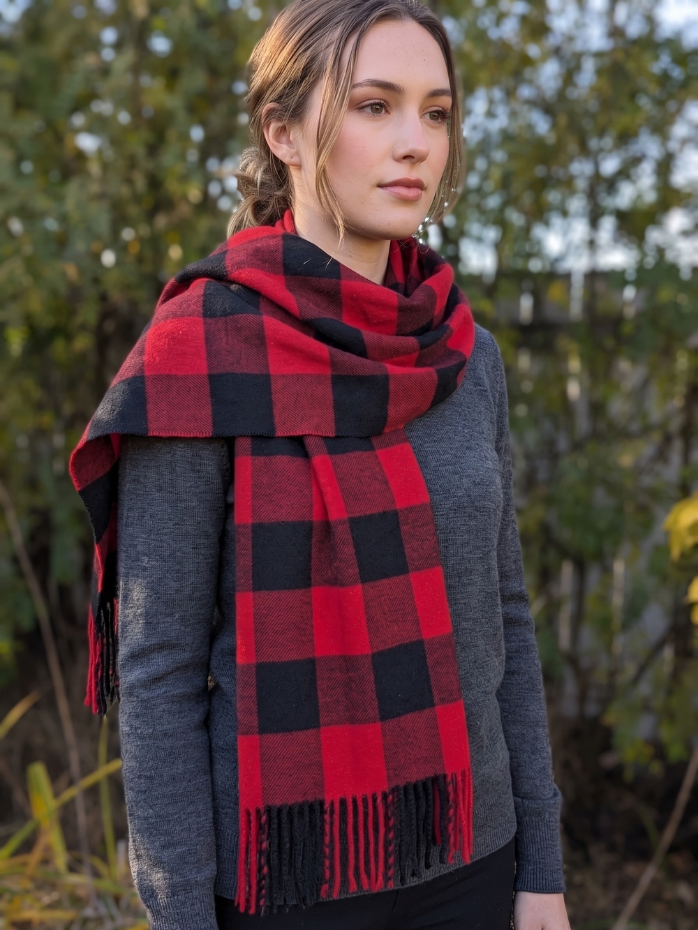 Indigo Red Buffalo Plaid Fringe Scarf Cozy Cabincore Heritage Apres Ski